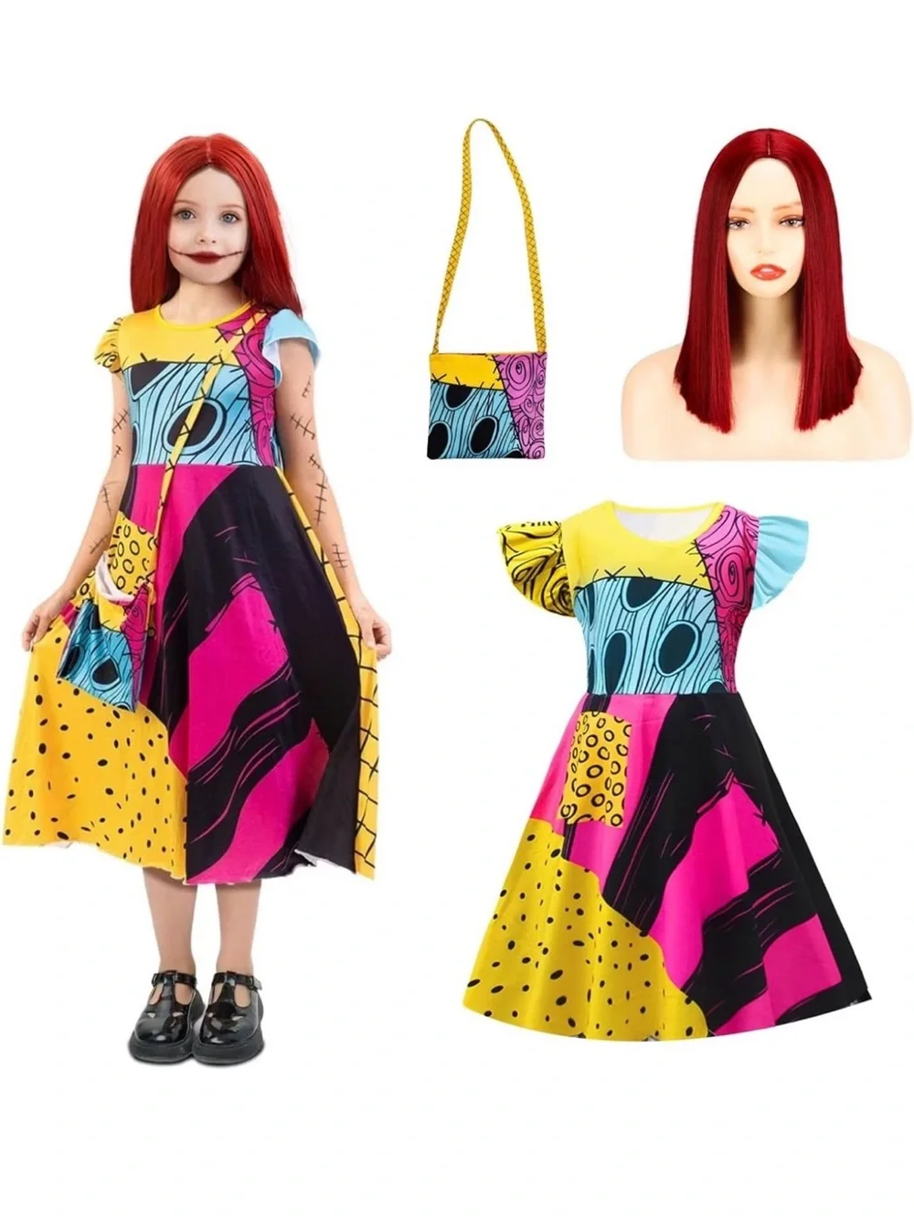 Girls Sally Costume From Nightmare Before Christmas, Includes Red Wig Size Small